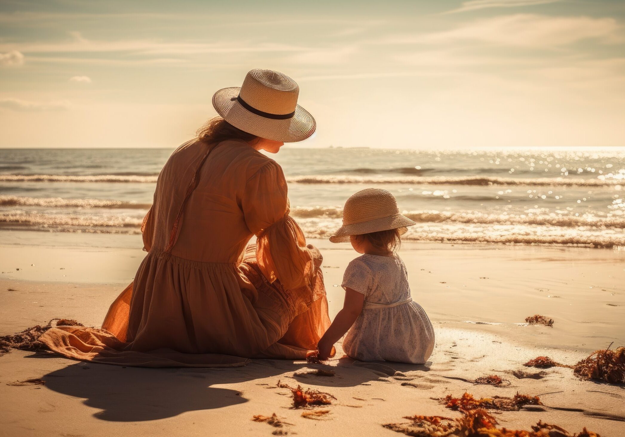 Mother and child enjoying a leisurely day at the beach, with the sea and sun providing a beautiful backdrop. Mother's Day.